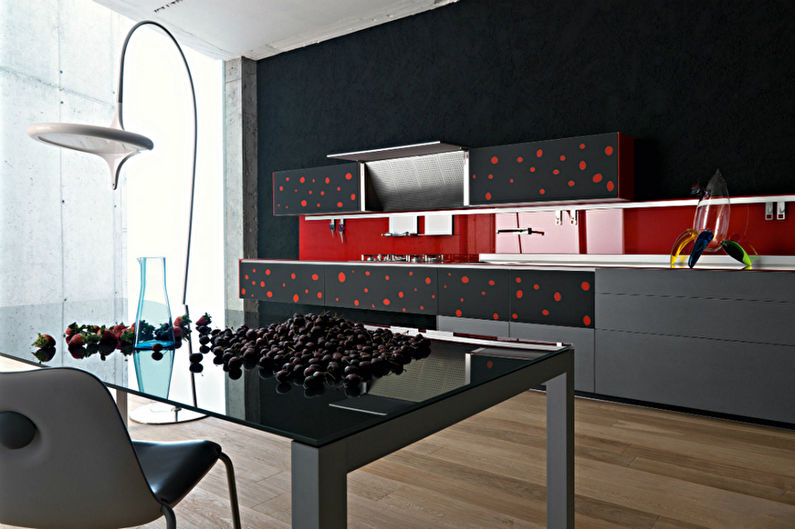 Raudona ir juoda virtuvė minimalizmo stiliumi - interjero dizainas