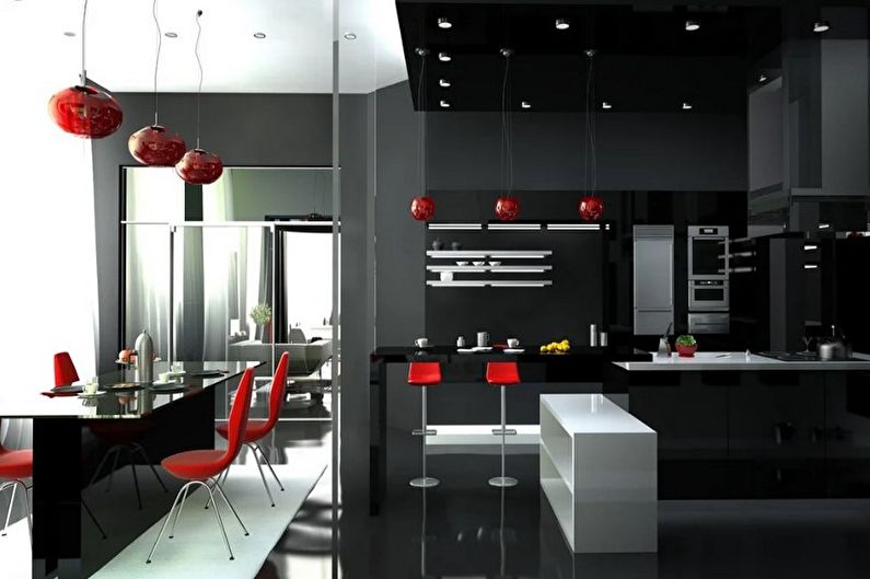 Raudona ir juoda aukštųjų technologijų virtuvė - interjero dizainas