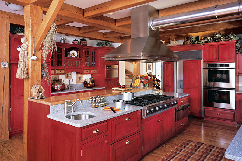 Sarkanā un melnā lauku stila virtuve - interjera dizains