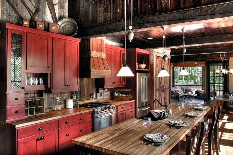 Rødt og svart kjøkken i landlig stil - Interiørdesign