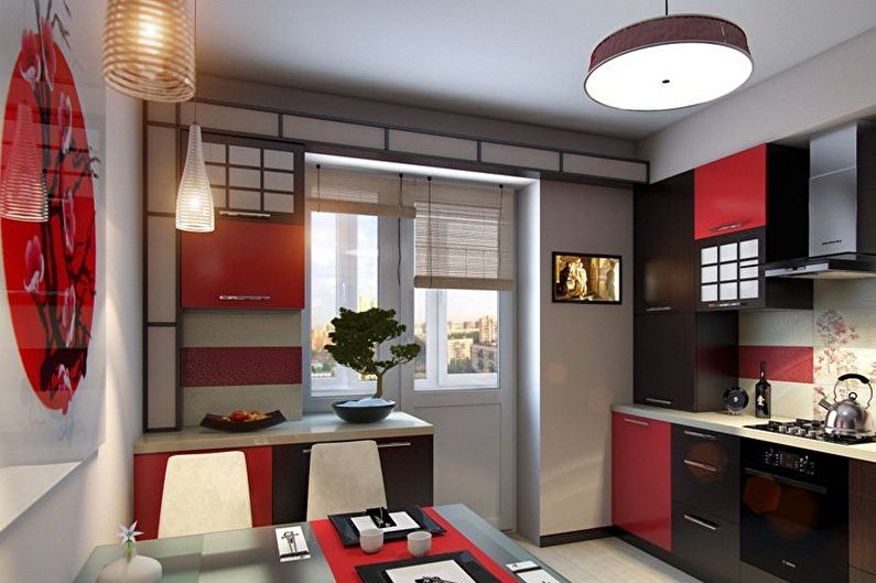 Piros és fekete konyha a japán minimalizmus stílusában - belsőépítészet