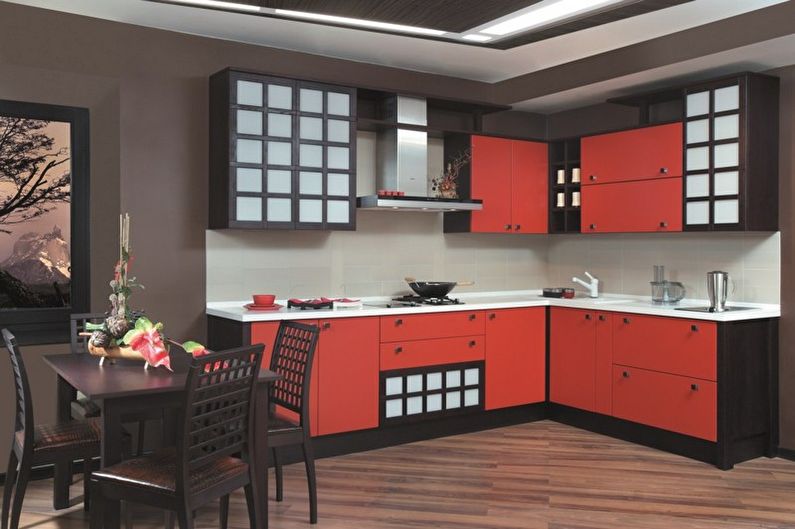 Czerwono-czarna kuchnia w stylu japońskiego minimalizmu - architektura wnętrz