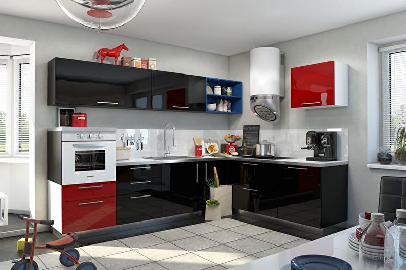 Design de cozinha vermelho e preto - acabamento de piso