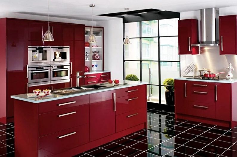 Sarkanas un melnas virtuves dizains - grīdas apdare