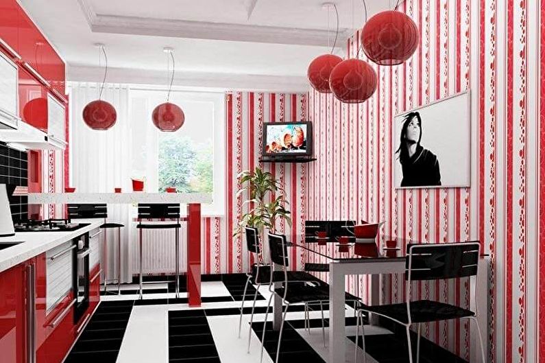 Sarkanas un melnas virtuves dizains - sienu dekorēšana