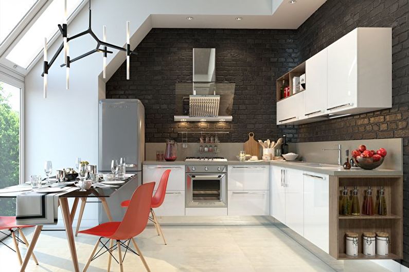 Sarkanīgi melnas virtuves dizains - mēbeles