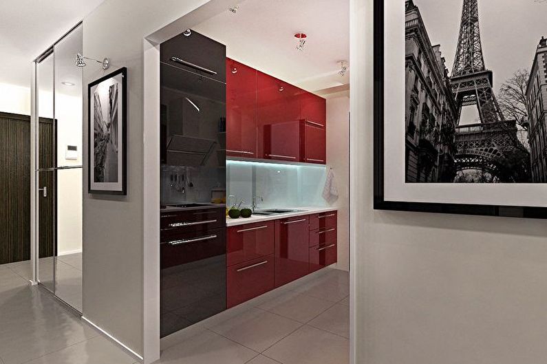Малка червена и черна кухня - Интериорен дизайн