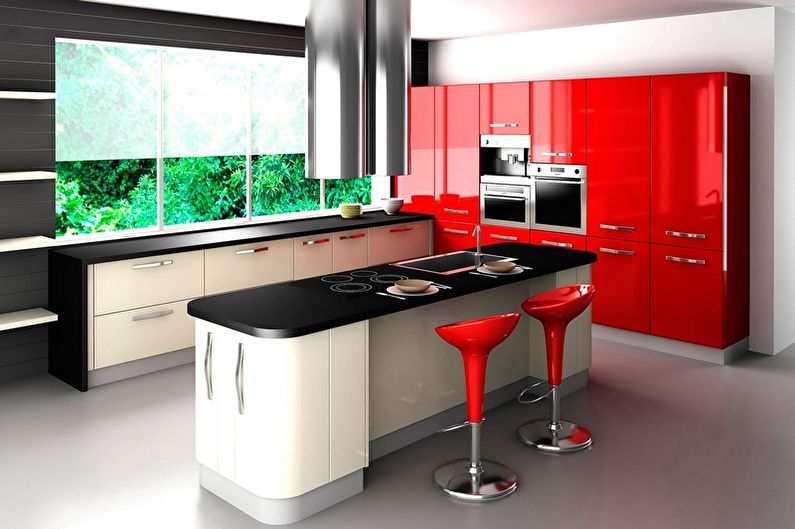 Červená a černá kuchyně - interiérový design fotografie