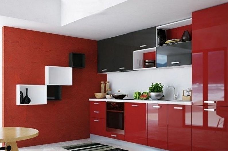 Czerwona i czarna kuchnia - fotografia wnętrz