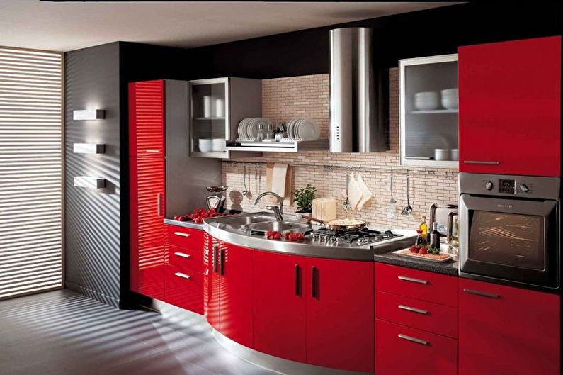 Raudona ir juoda virtuvė - interjero dizaino nuotrauka