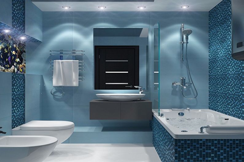 Minimālisma zilā vannas istaba - interjera dizains