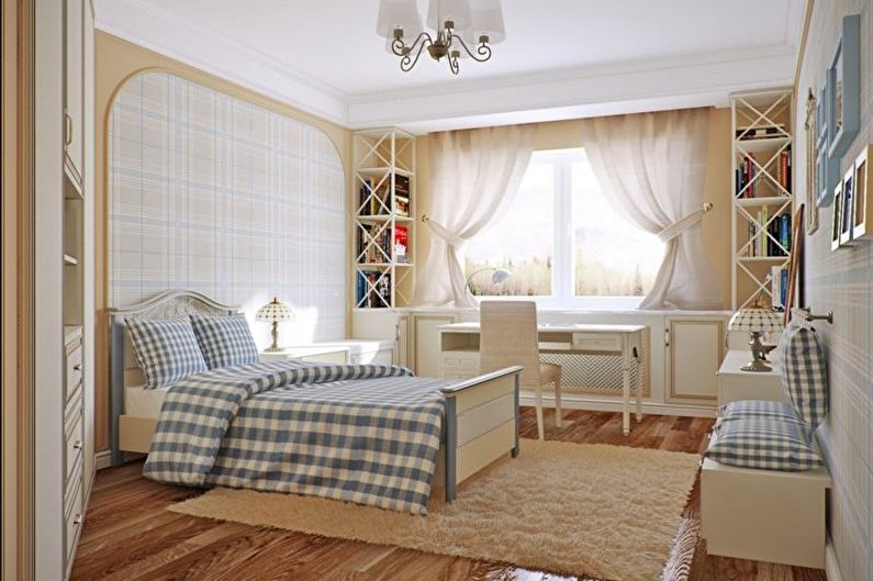 Smėlio spalvos miegamojo dizainas - grindų apdaila