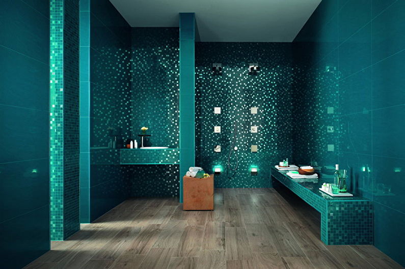 Turkio spalvos vonios kambario dizainas - grindų apdaila