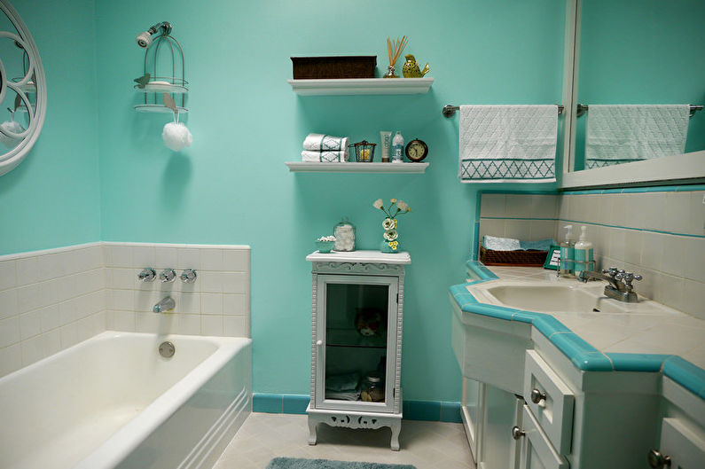 Tirkīza vannas istabas dizains - mēbeles un santehnika