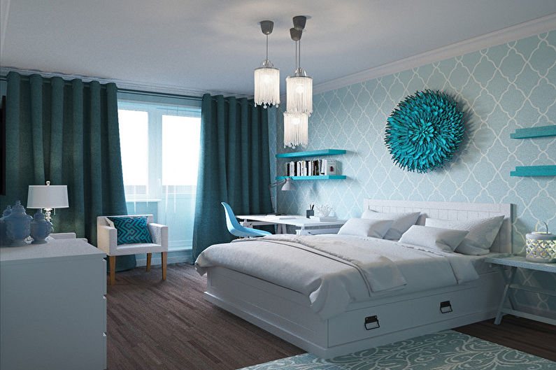 Turkio spalvos miegamasis - interjero dizaino nuotrauka