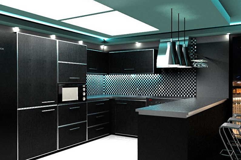Високотехнологична черна кухня - Интериорен дизайн