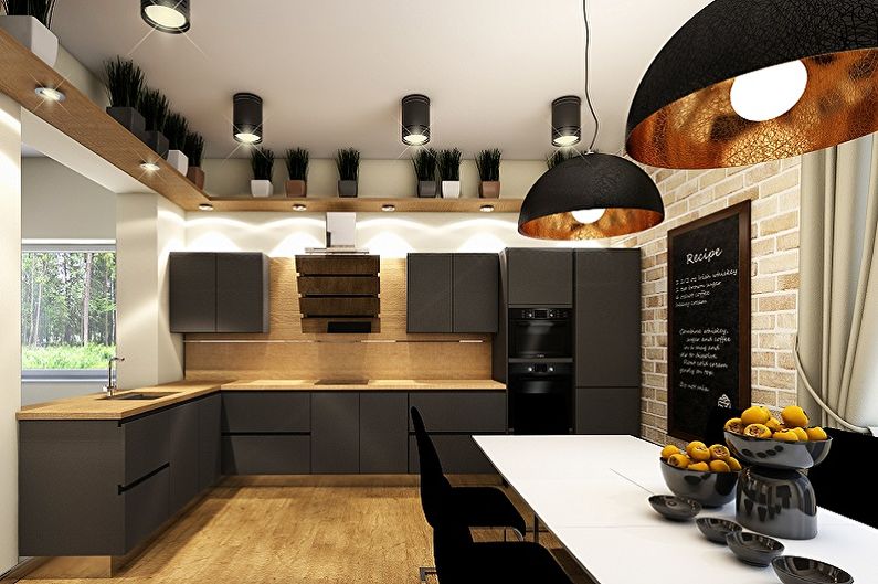 Melna bēniņu stila virtuve - interjera dizains