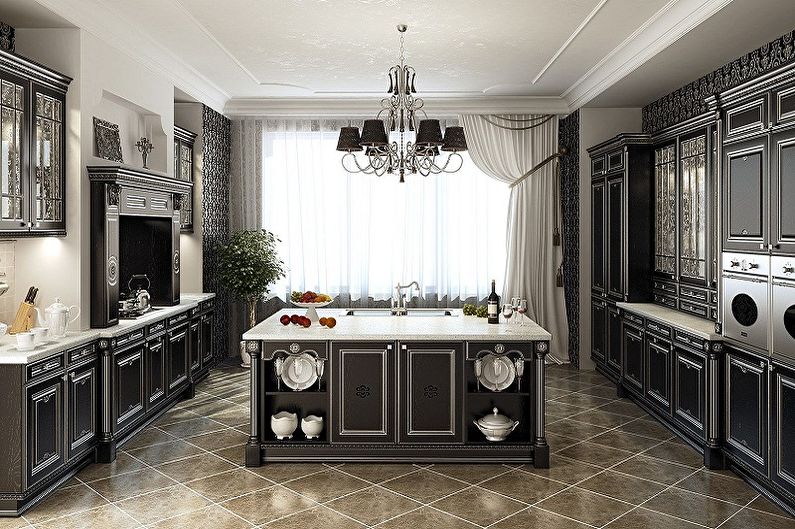Juodos virtuvės dizainas - grindų apdaila