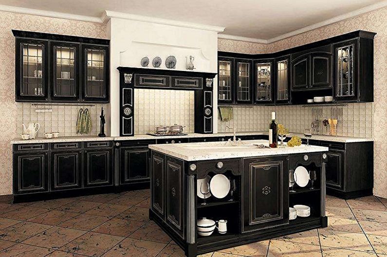 Melnas virtuves dizains - sienu dekorēšana