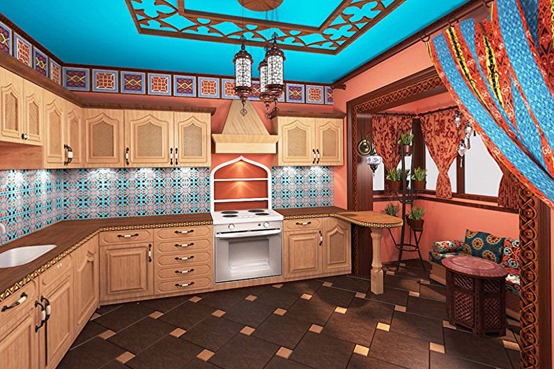 Rožinė etninio stiliaus virtuvė - interjero dizainas