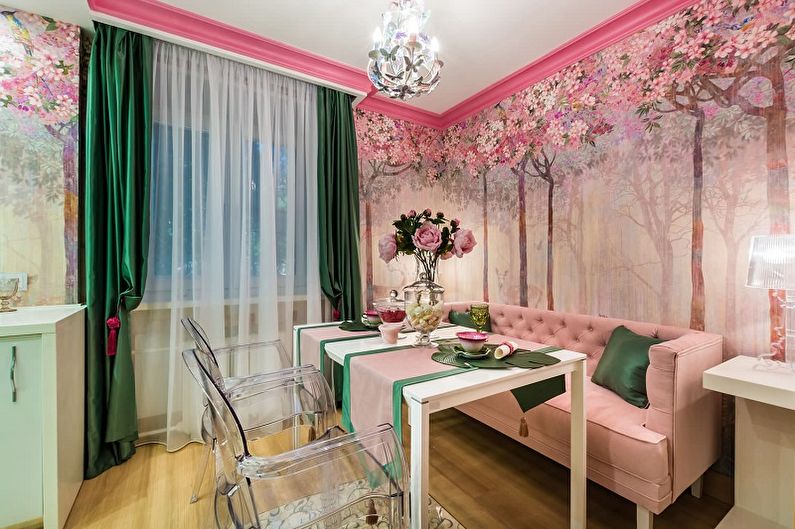 Rozā virtuves dizains - sienas dekorēšana