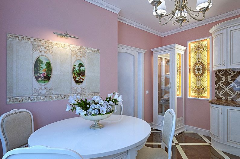 Розов дизайн на кухня - декорация на стени
