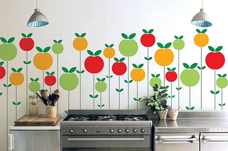 Stickers on the wallpaper in the interior of the kitchen - photo