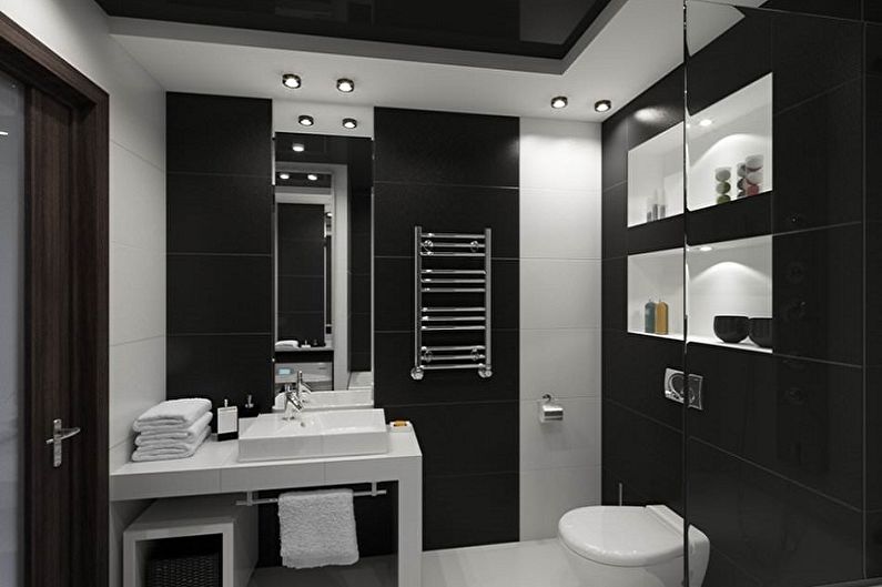 Juodas modernaus stiliaus vonios kambarys - interjero dizainas