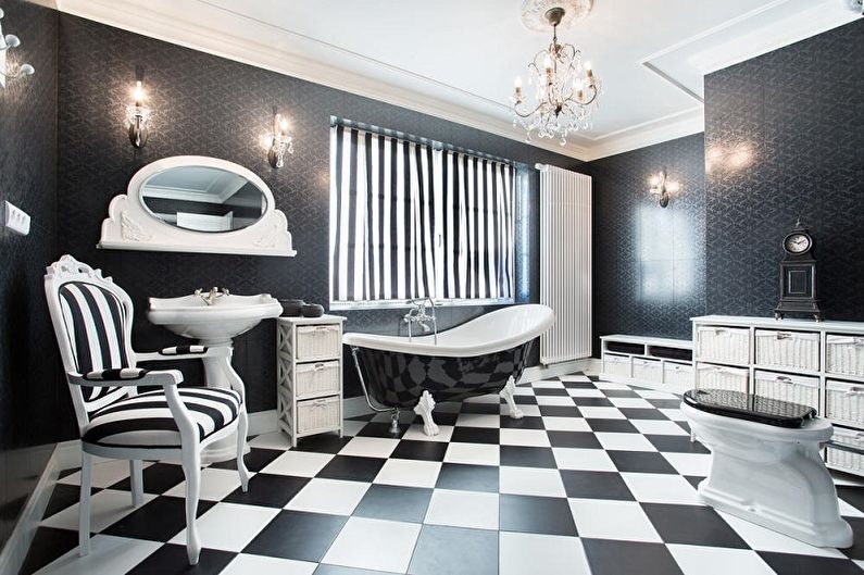 Juodas „Art Deco“ stiliaus vonios kambarys - interjero dizainas