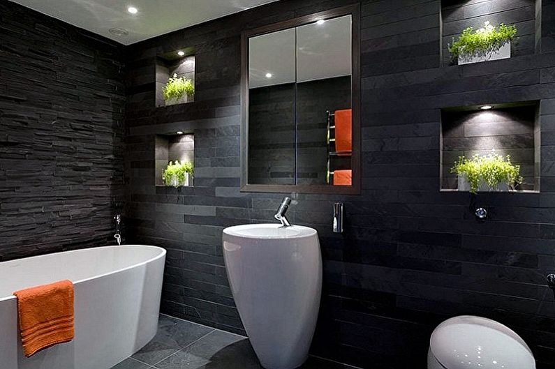 Fekete fürdőszoba kialakítás - dekoráció és világítás