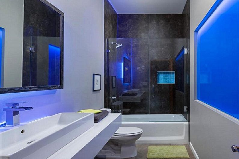 Aukštųjų technologijų mėlynas vonios kambarys - interjero dizainas