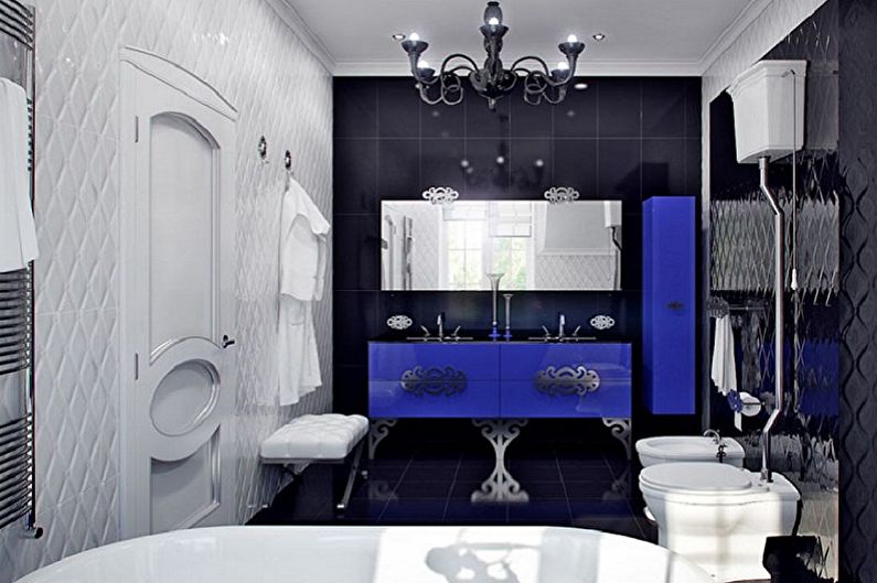 Mėlynas „Art Deco“ stiliaus vonios kambarys - interjero dizainas