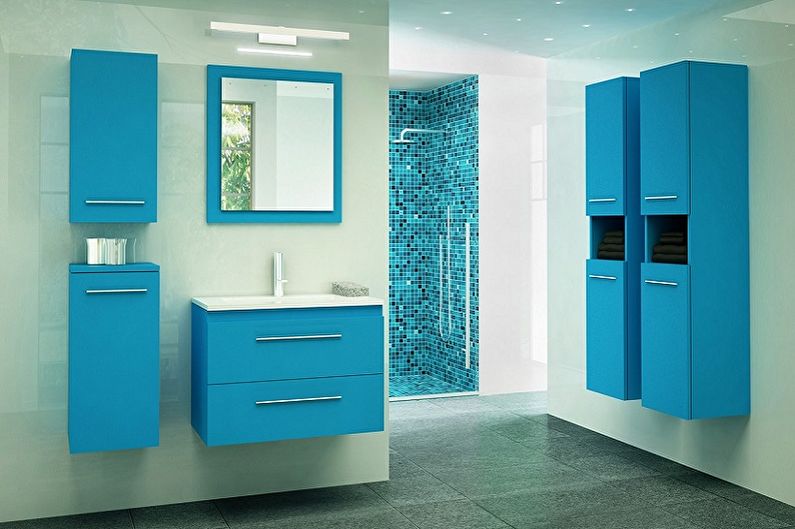 Zilas vannas istabas dizains - santehnika un mēbeles