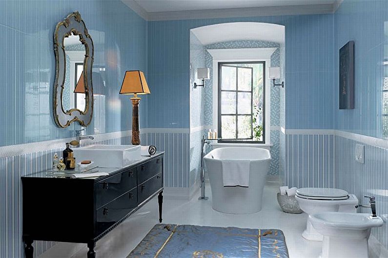 Zilas vannas istabas dizains - santehnika un mēbeles