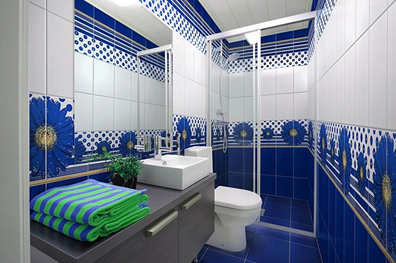 Zilas vannas istabas dizains - dekors un apgaismojums