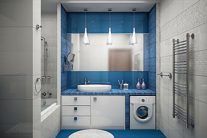 Mažas mėlynas vonios kambarys - interjero dizainas