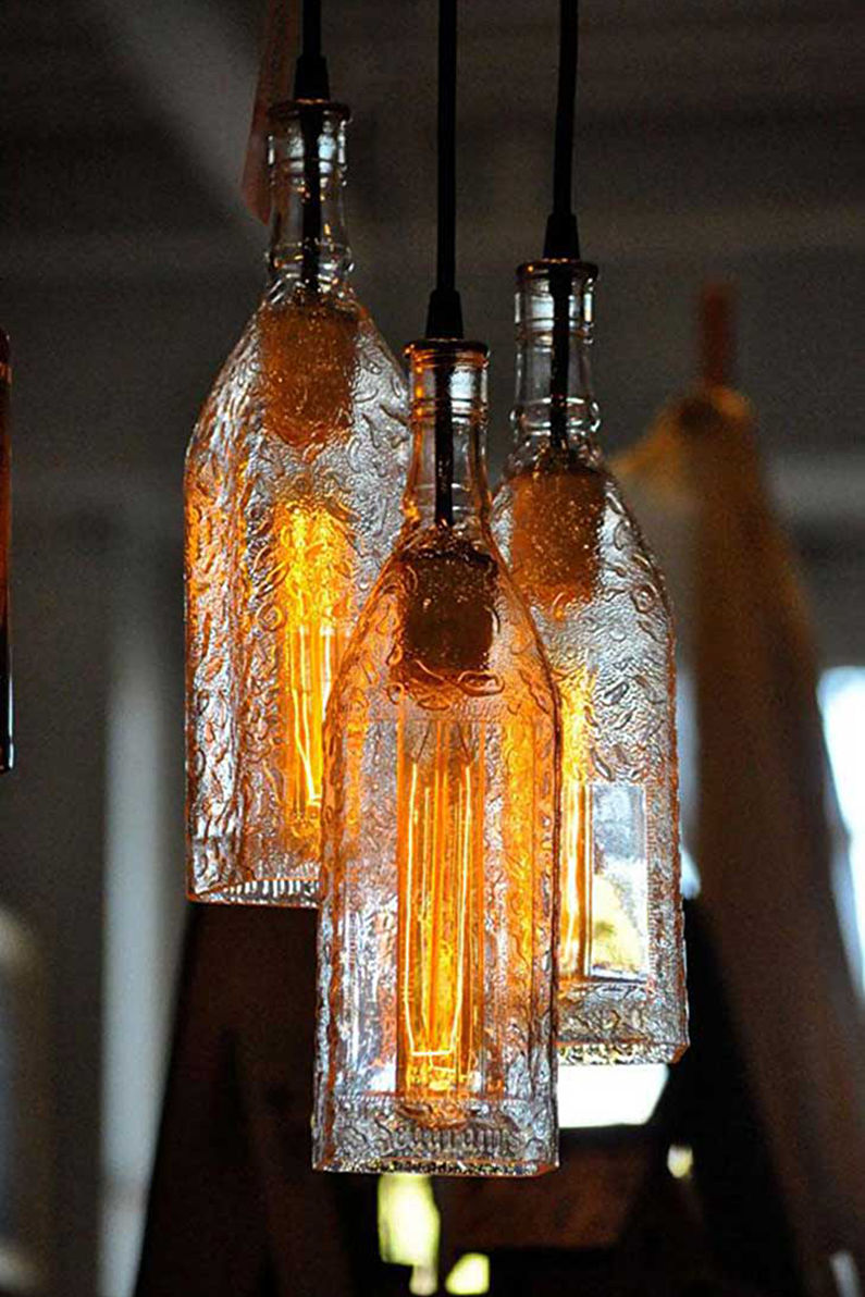 Butelių liustra žibintai - stikliniai buteliai ar stiklainiai