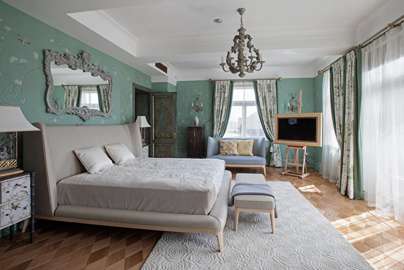 Klasisks guļamistabas dizains - sienas dekorēšana