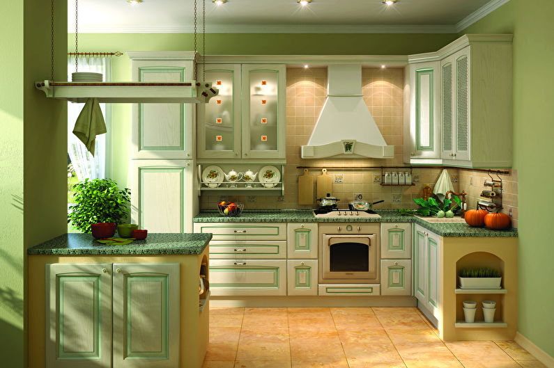 Green color in the interior of the kitchen - photo