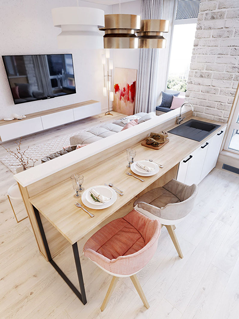 Virtuves-dzīvojamās istabas zonēšana - mēbeles