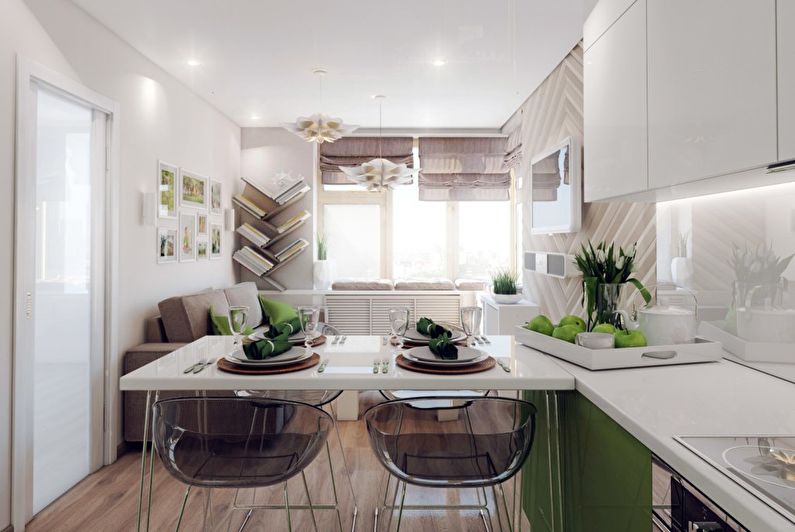 Virtuves-dzīvojamās istabas dizains mazā dzīvoklī - faktūras