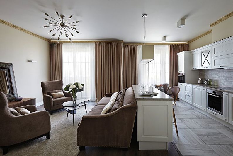 Klasiskā stila virtuve-dzīvojamā istaba - interjera dizains