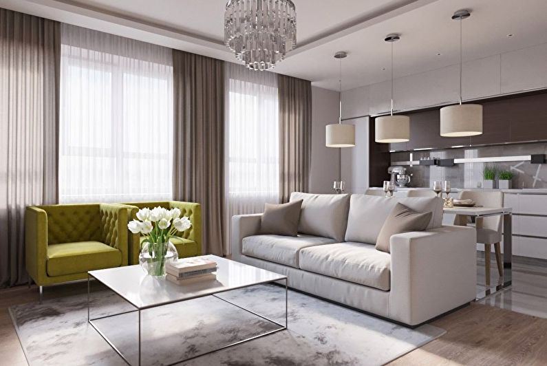 Virtuve-dzīvojamā istaba modernā stilā - interjera dizains