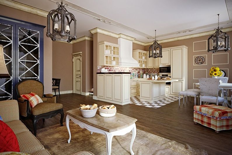 Provanso stiliaus virtuvė-svetainė - interjero dizainas