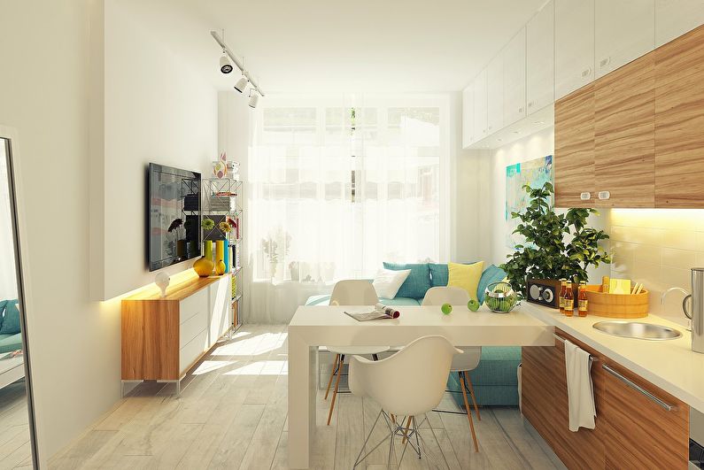 Interiørdesign i en kjøkken-stue i skandinavisk stil - foto