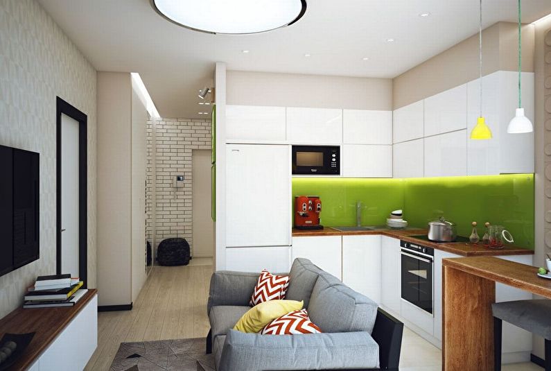 التصميم الداخلي لغرفة المعيشة المطبخ الصغيرة - الصورة