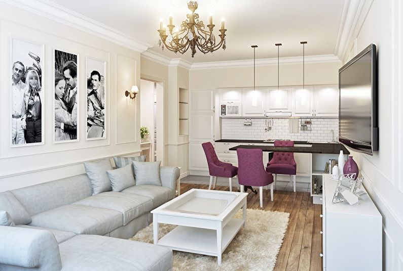 Virtuves-dzīvojamās istabas interjera dizains klasiskā stilā - foto