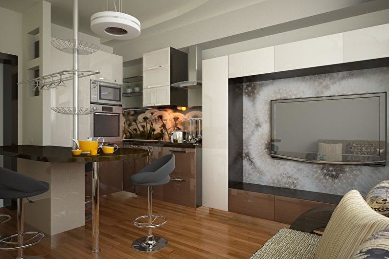 Dzīvoklī virtuves-dzīvojamās istabas interjera dizains - foto