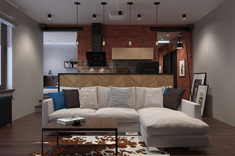 Design interiéru malého obývacího pokoje ve stylu podkroví - foto