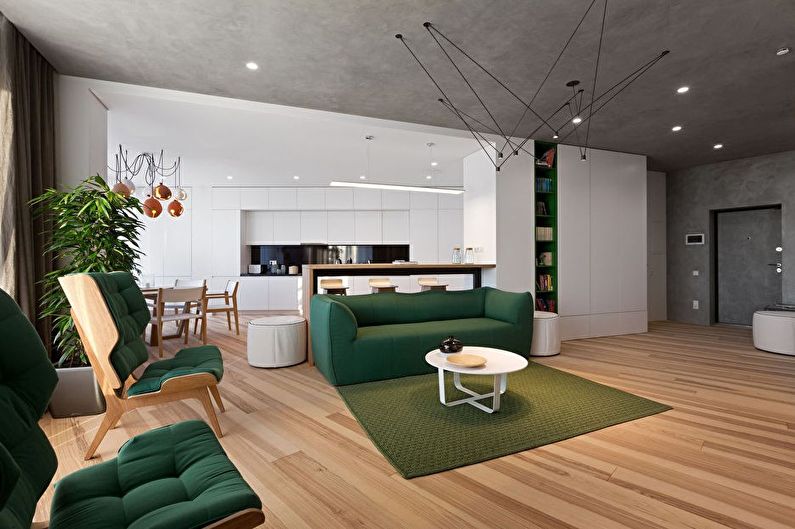 A konyha-nappali belsőépítészete a minimalizmus stílusában - fénykép